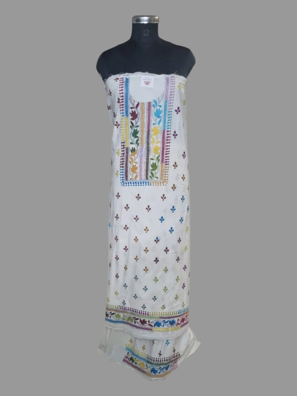 Cream & multicolour Kantha hand-embroidered 2-piece unstitched co-ord set – styled shot