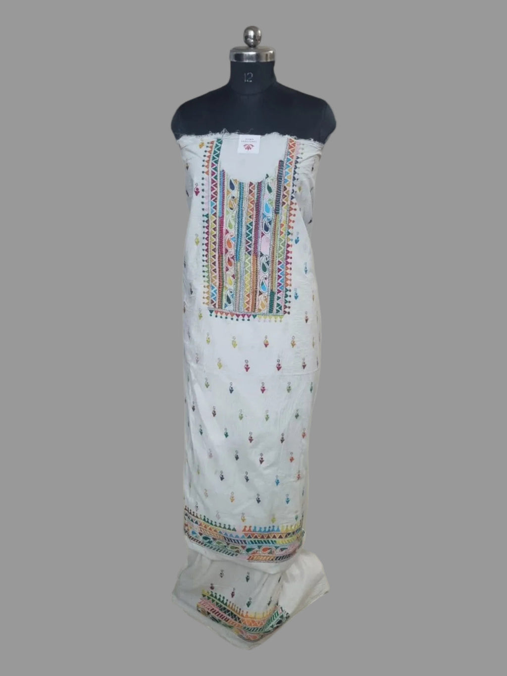 Multicolor Kantha work unstitched co-ord set in cotton – front view