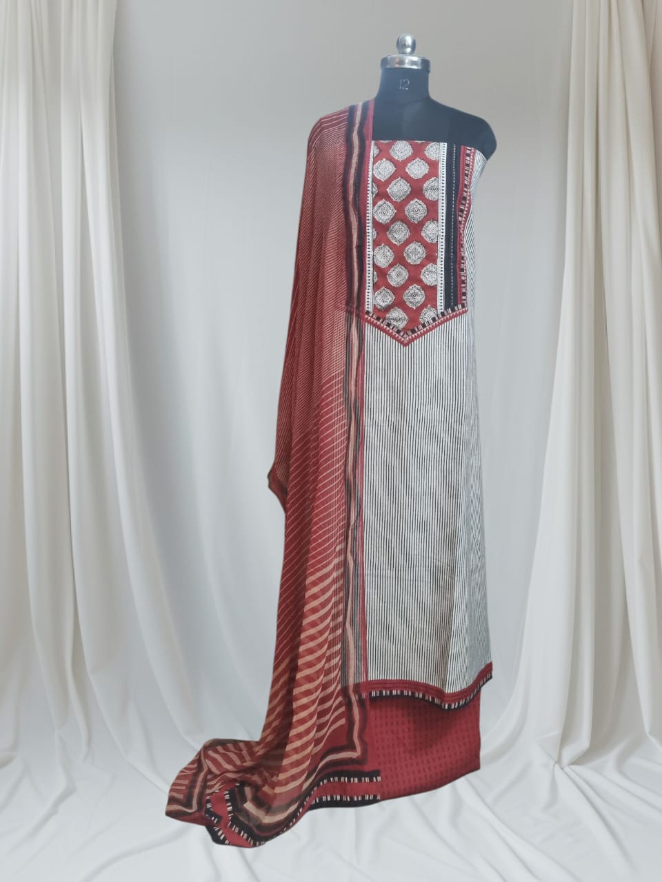 Black & Maroon Cotton 3-Pc Unstitched Suit Set with Kantha Embroidery