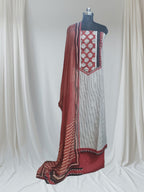 Black & Maroon Cotton 3-Pc Unstitched Suit Set with Kantha Embroidery