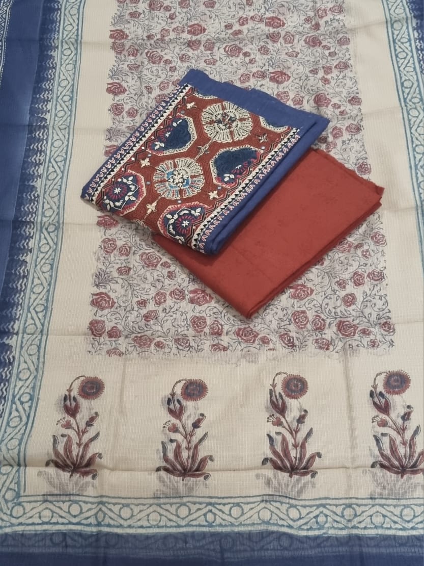 Indian handloom unstitched suit set in Navy Blue and Rust with Kota Doria dupatta