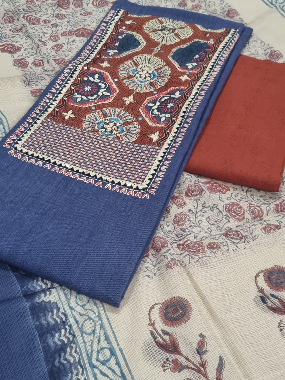 Navy Blue unstitched 3-piece suit set with Kota Doria dupatta – side view