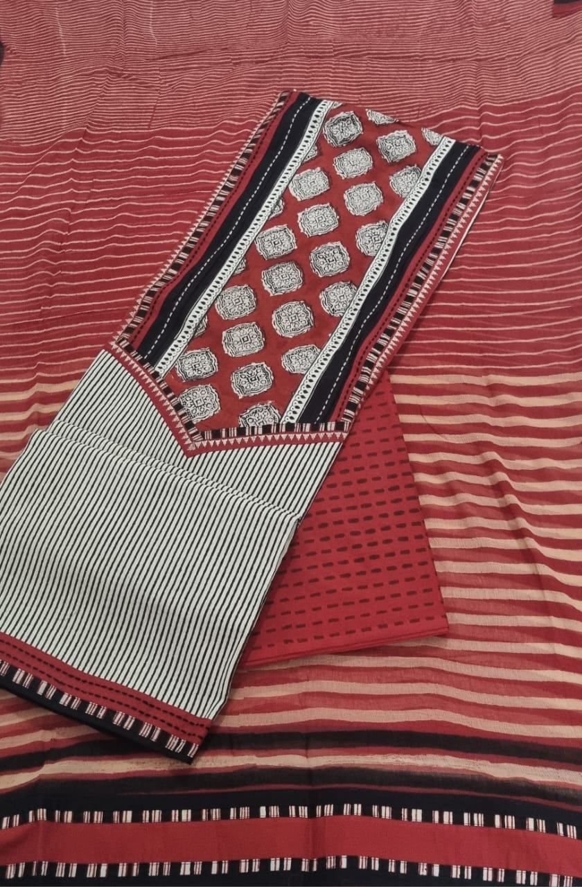 Black & Maroon Cotton 3-Pc Unstitched Suit Set with Kantha Embroidery