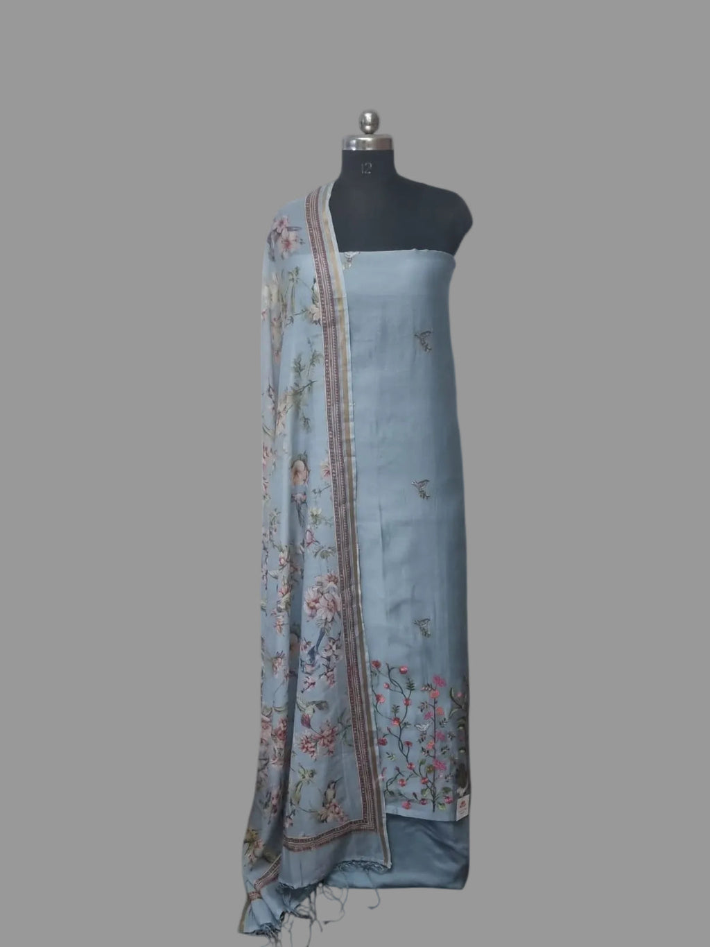 Powder blue 3-piece linen suit – full product view with dupatta