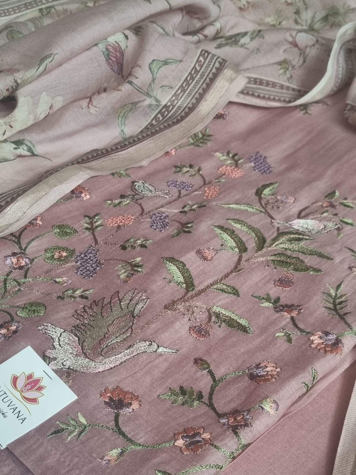 Dusky pink machine embroidery unstitched suit set – front flat lay