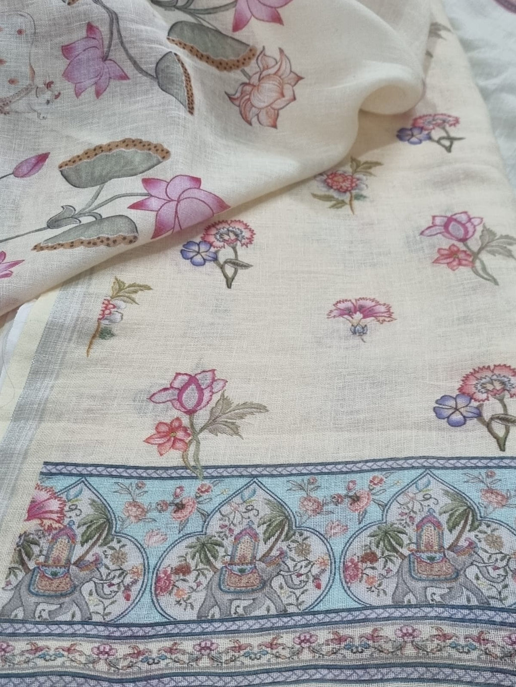 Pichwai print dupatta close-up – soft yellow linen unstitched suit set