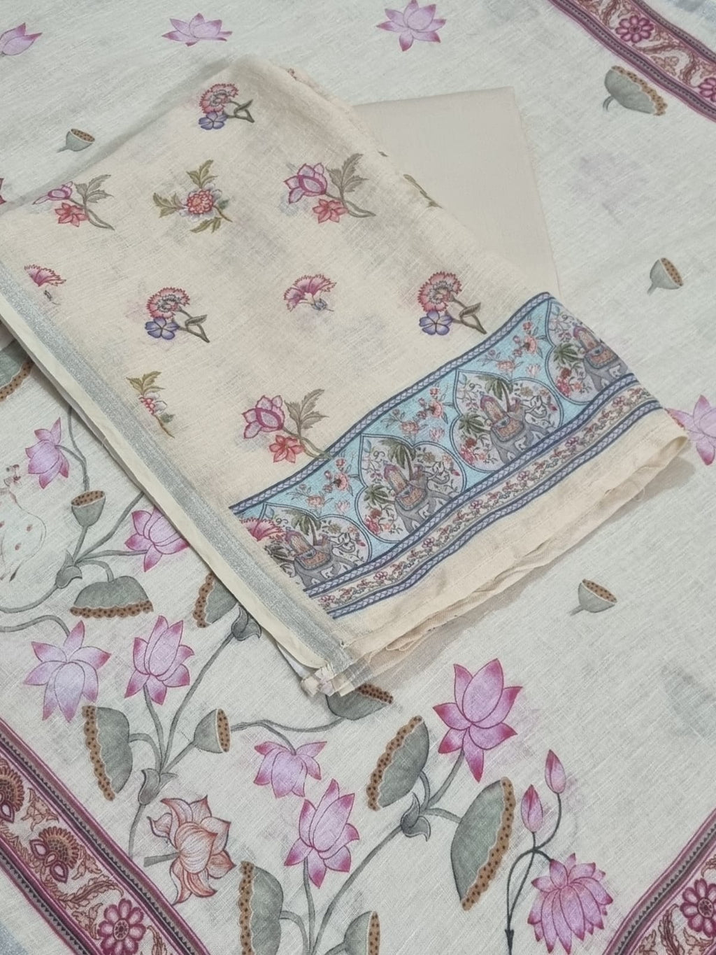 Handloom linen unstitched suit fabric texture – soft yellow Pichwai print