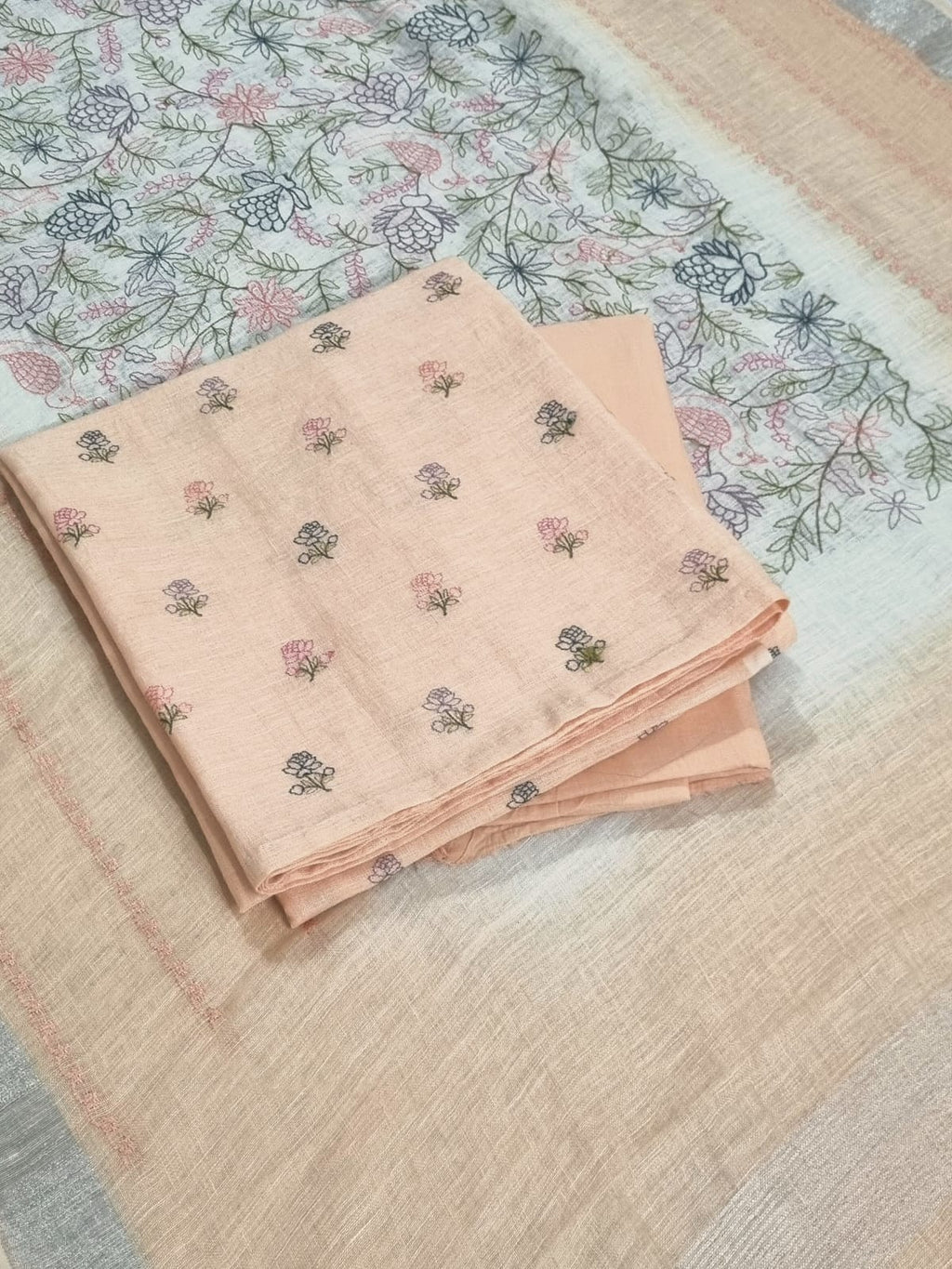 Light apricot linen salwar kameez set – fabric and embroidery detail