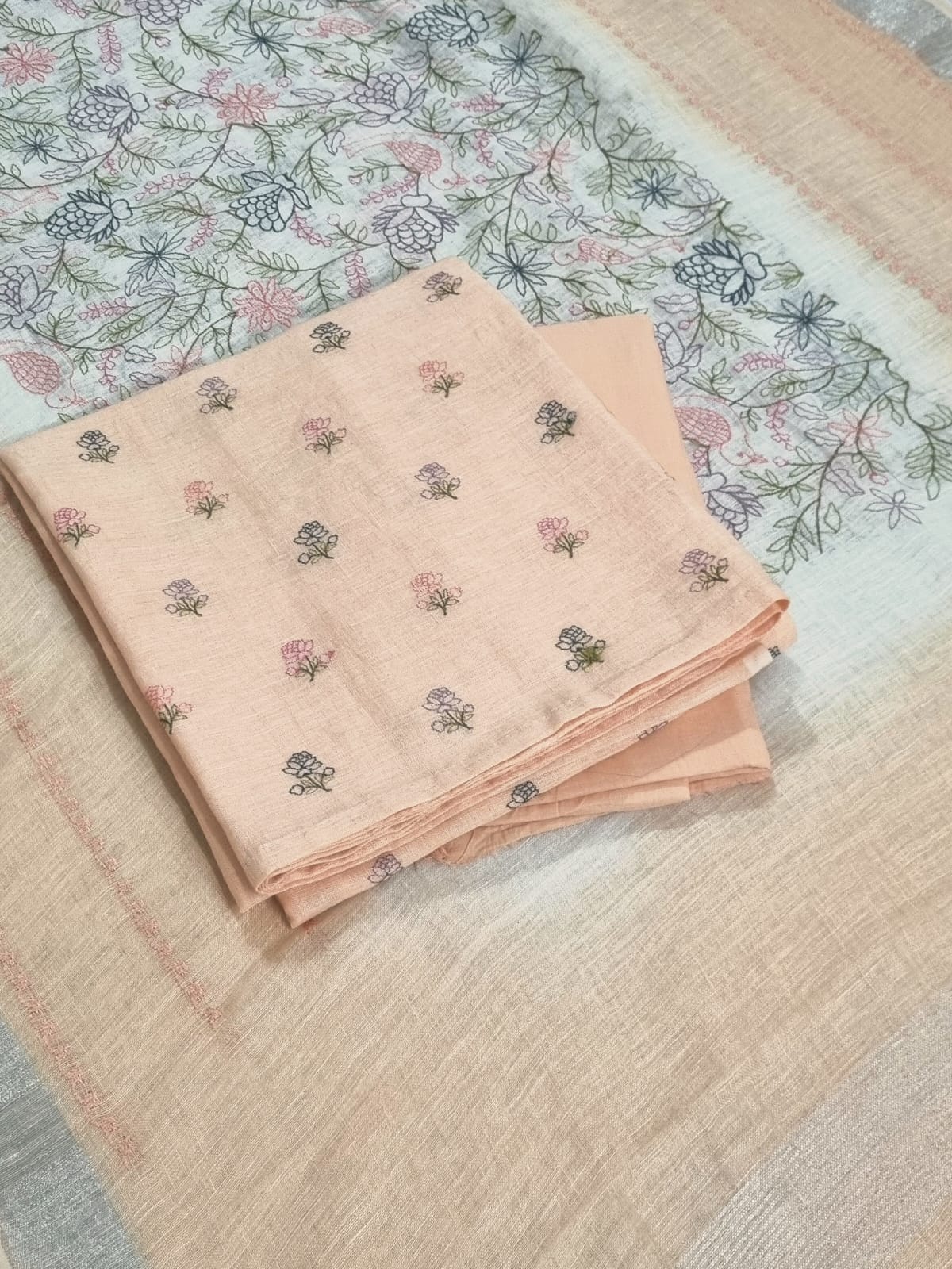 Light apricot linen salwar kameez set – fabric and embroidery detail