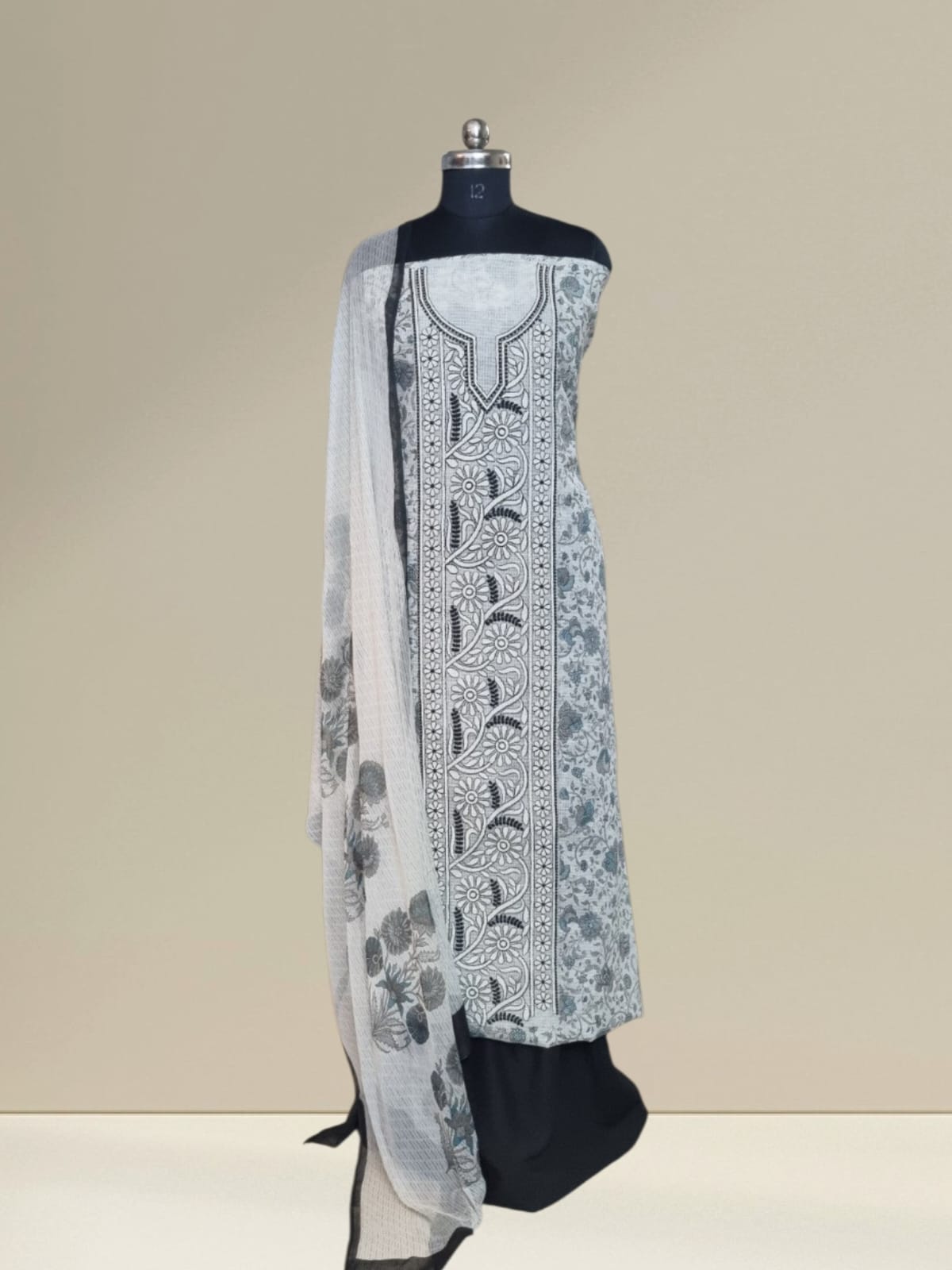 Chikankari embroidered Kota suit set off white black – Indian handloom portrait