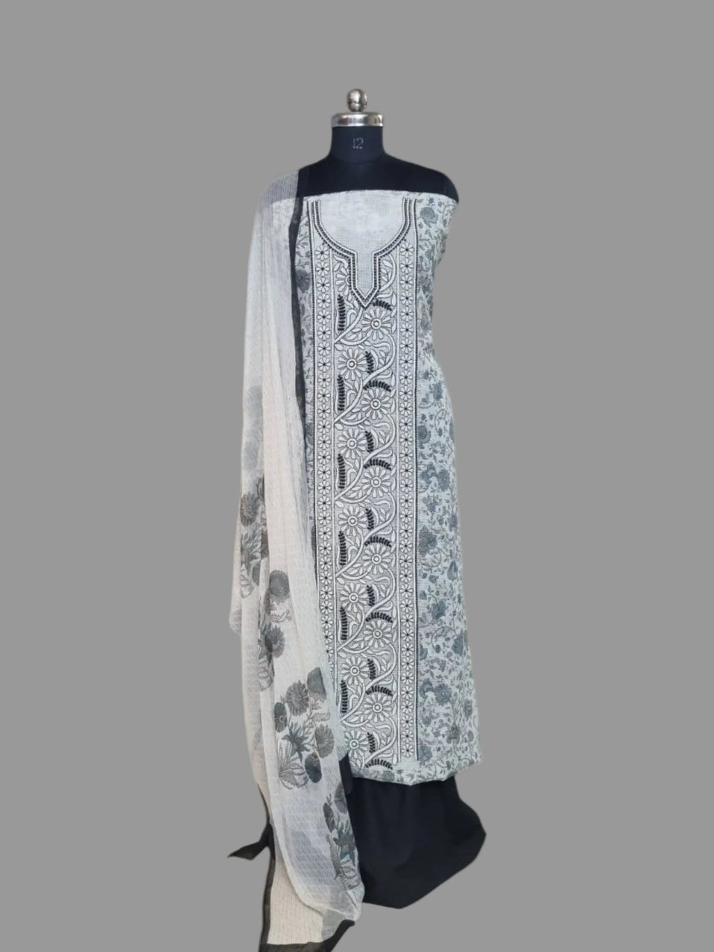 Off white black Kota unstitched suit set with Chikankari embroidery – front portrait