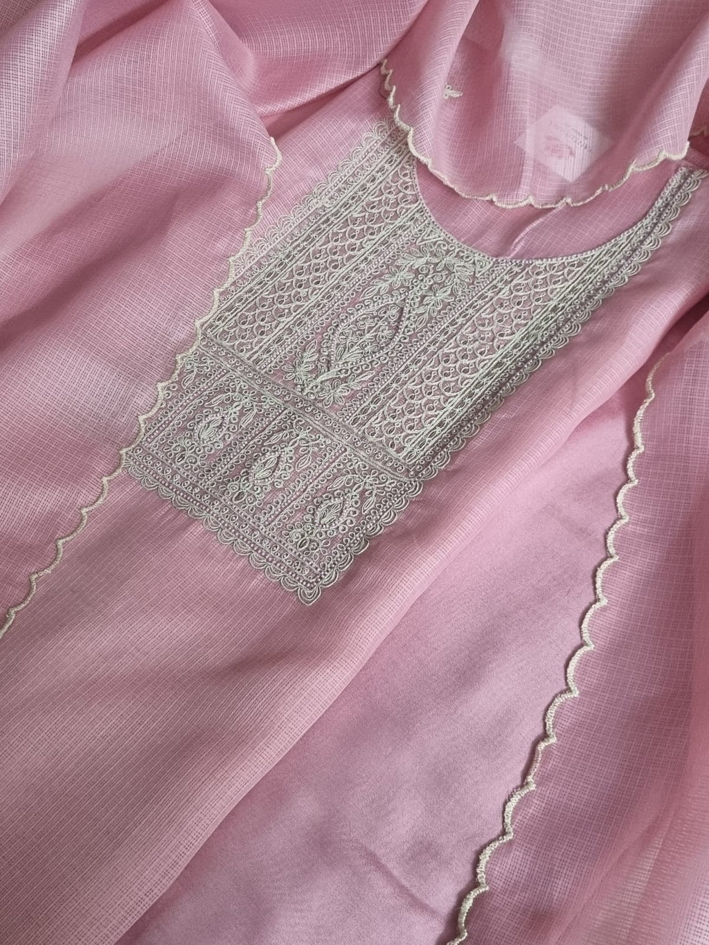 Powder pink Kota unstitched suit set – full drape view with dori embroidery