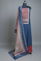 Blue & Red Cotton Unstitched Suit Set with Hand Embroidery Neckline – Hero Shot