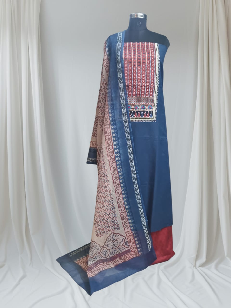 Blue & Red Cotton 3-Piece Unstitched Suit with Kota Doria Dupatta – Full Set View