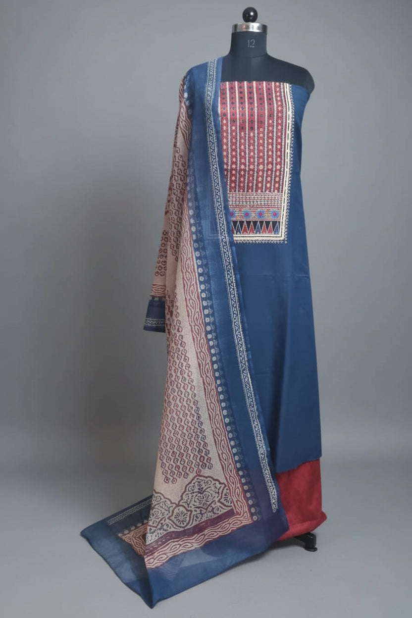 Blue & Red Cotton Unstitched Suit Set with Hand Embroidery Neckline – Hero Shot