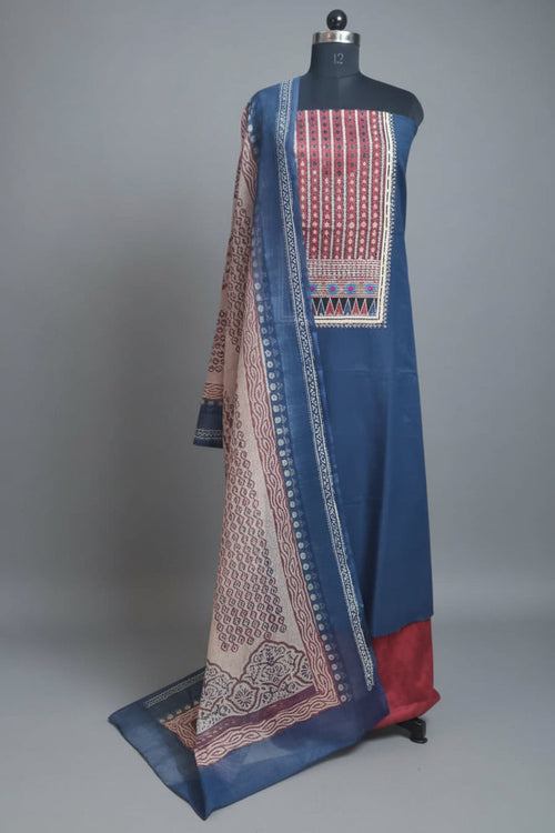 Blue & Red Cotton Unstitched Suit Set with Hand Embroidery Neckline – Hero Shot