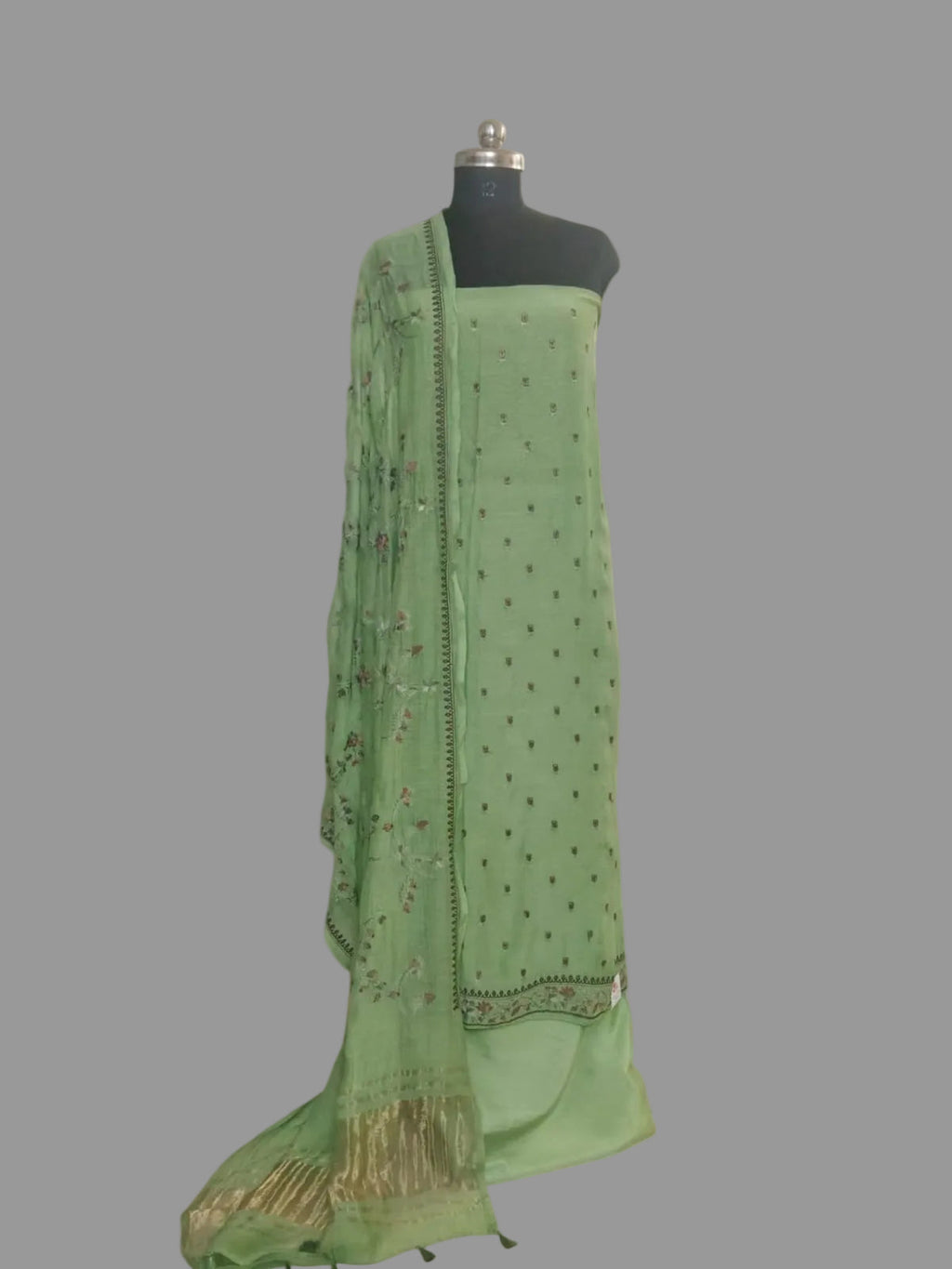 Green Cotton Mal unstitched suit set with machine embroidery and Chanderi silk dupatta – full view