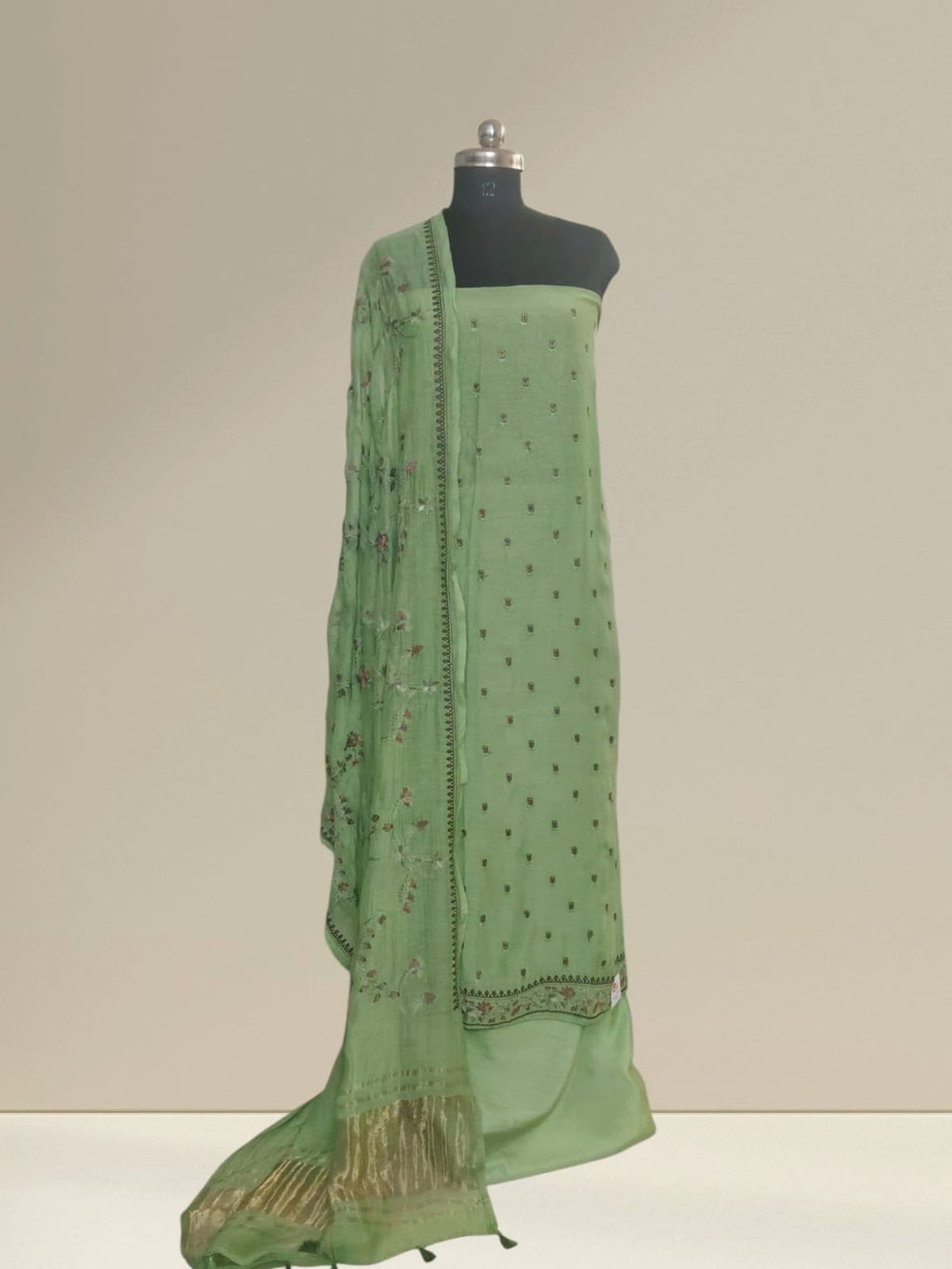 Chanderi silk dupatta with embroidery – part of green Cotton Mal suit set