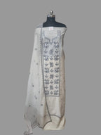 Off White Chanderi Silk 3-Piece Unstitched Suit Set with Bird and Floral Machine Embroidery – Indian Handloom