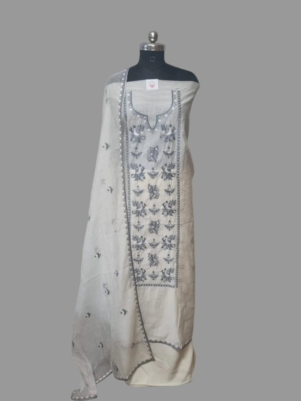 Off White Chanderi Silk 3-Piece Unstitched Suit Set with Bird and Floral Machine Embroidery – Indian Handloom