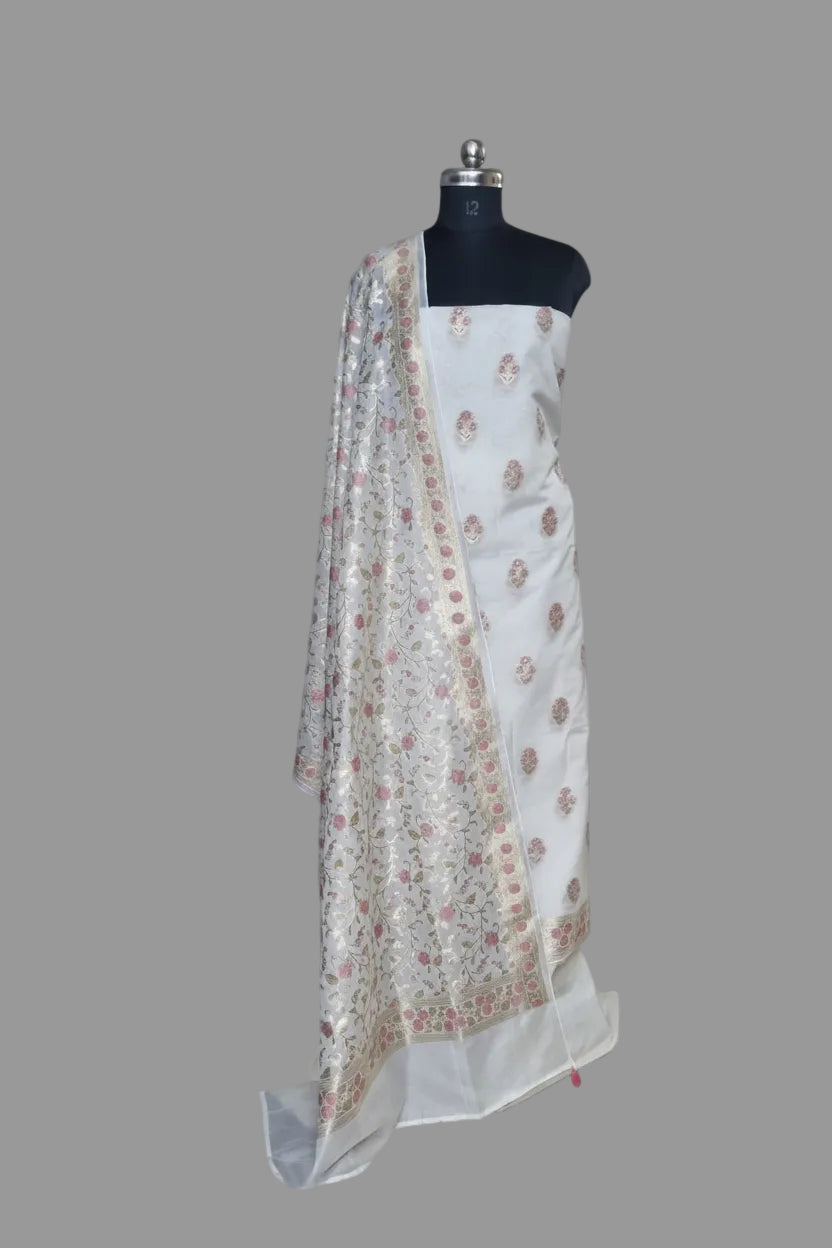 Cream & pink Indian handloom Banarasi unstitched suit set – full set view