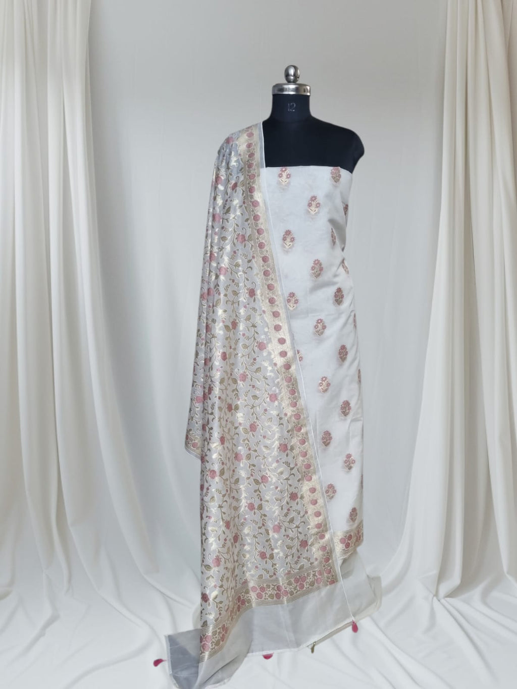 Cream & pink Chanderi silk Indian handloom suit set – alternate angle