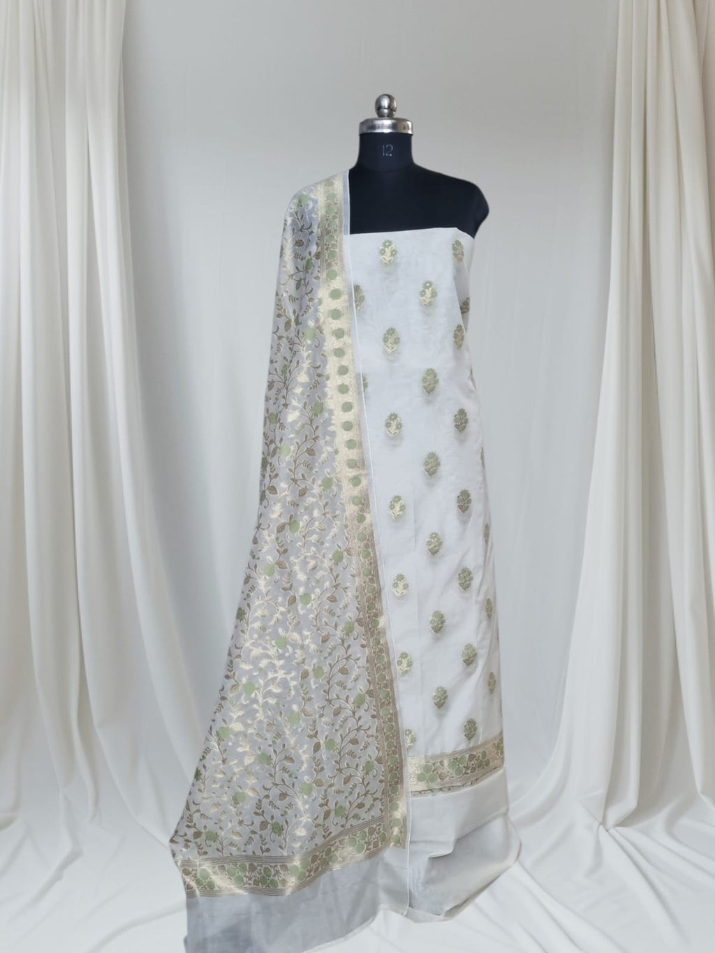 Cream & green Banarasi Indian handloom suit set – alternate angle