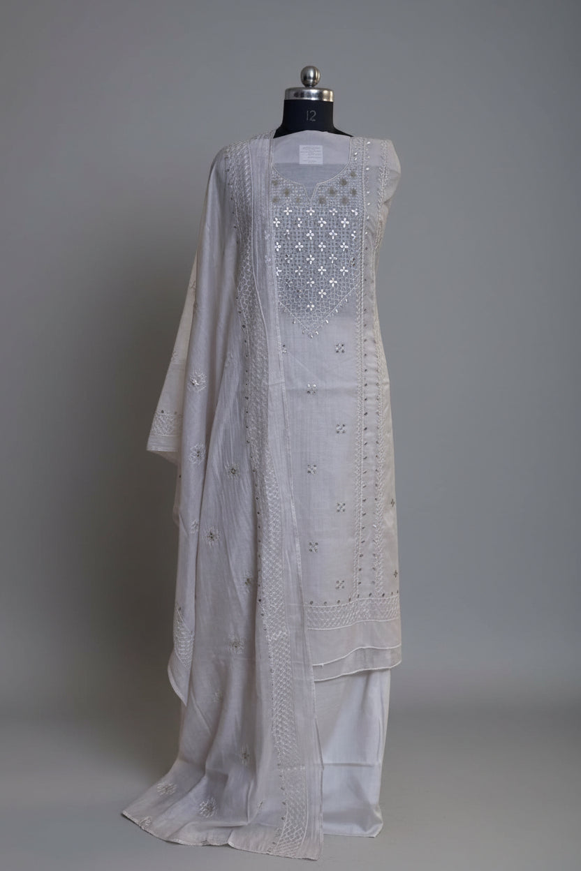 Chanderi Silk 3-Piece Unstitched Suit Set | Pita Work Embroidery | Indian Handloom