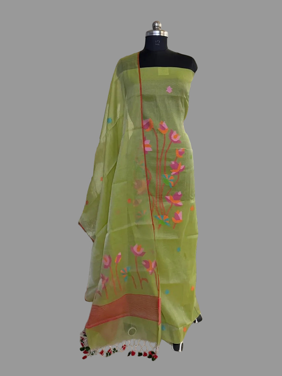 Handwoven Bengal Muslin Jamdani Suit Fabric | Soft Mint Green & Multicolor Floral | 2-Pc Unstitched Set | Indian Handloom