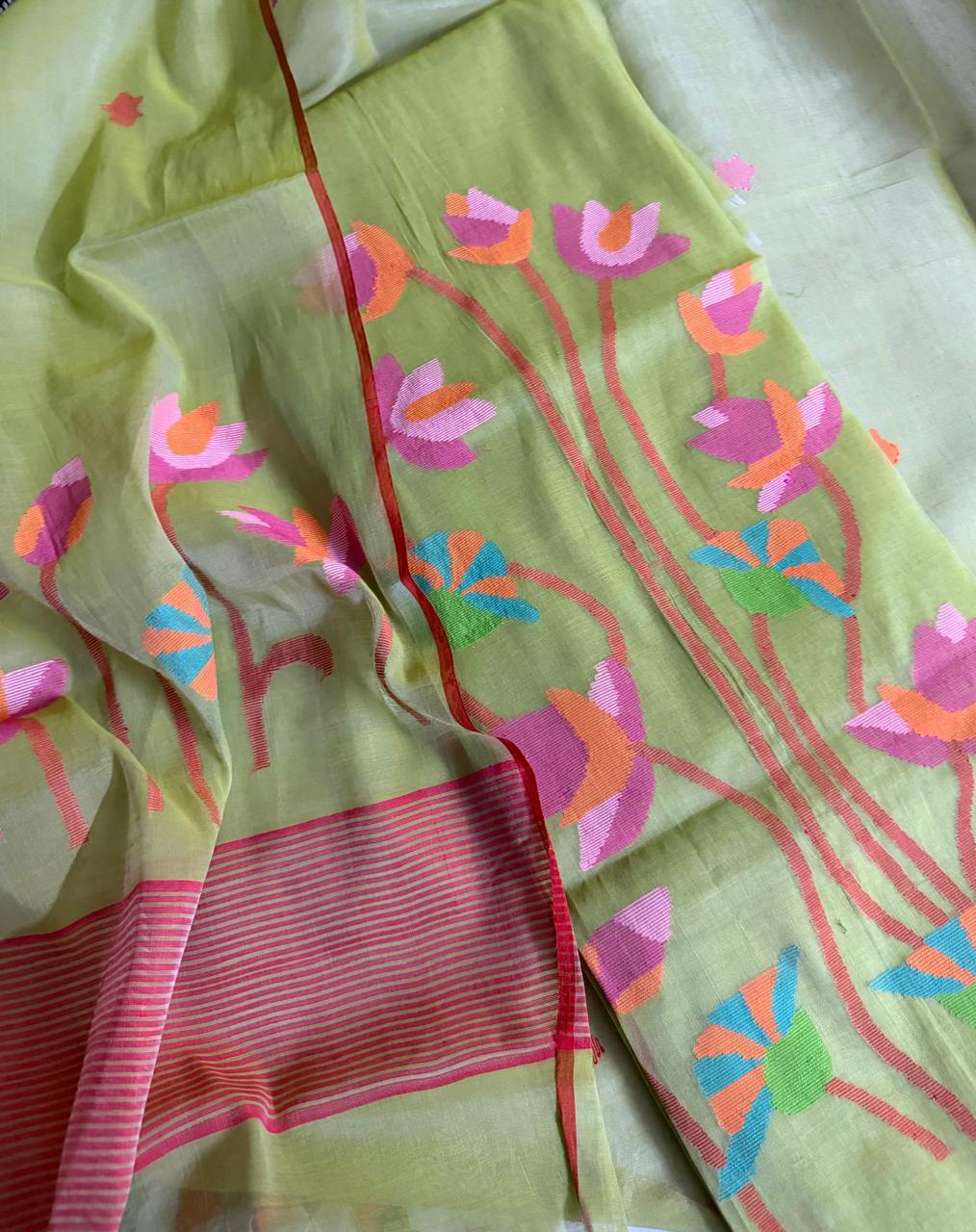 Handwoven Bengal Muslin Jamdani Suit Fabric | Soft Mint Green & Multicolor Floral | 2-Pc Unstitched Set | Indian Handloom