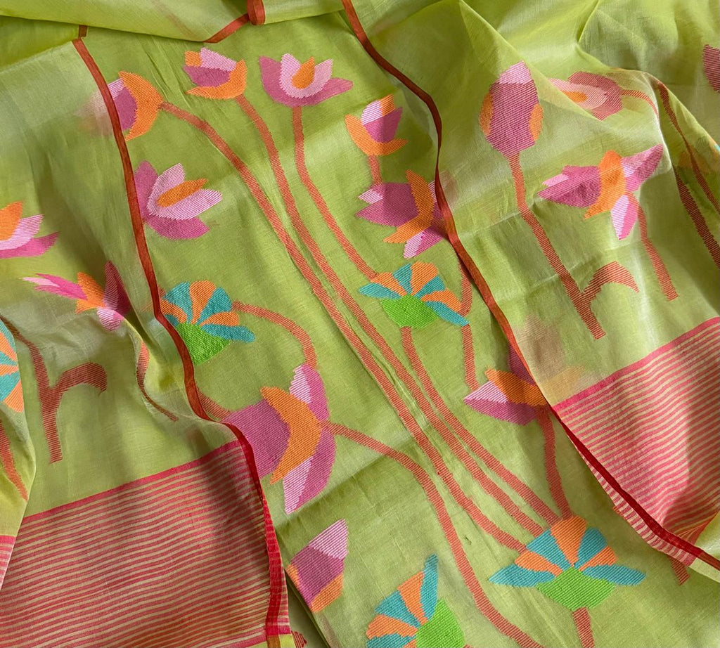 Handwoven Bengal Muslin Jamdani Suit Fabric | Soft Mint Green & Multicolor Floral | 2-Pc Unstitched Set | Indian Handloom