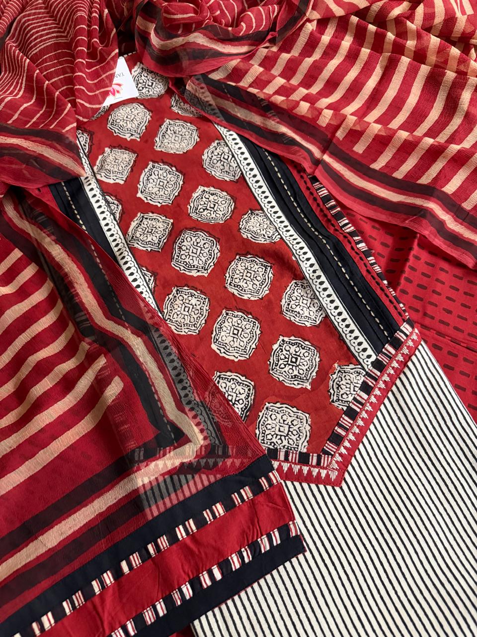Black & Maroon Cotton 3-Pc Unstitched Suit Set with Kantha Embroidery