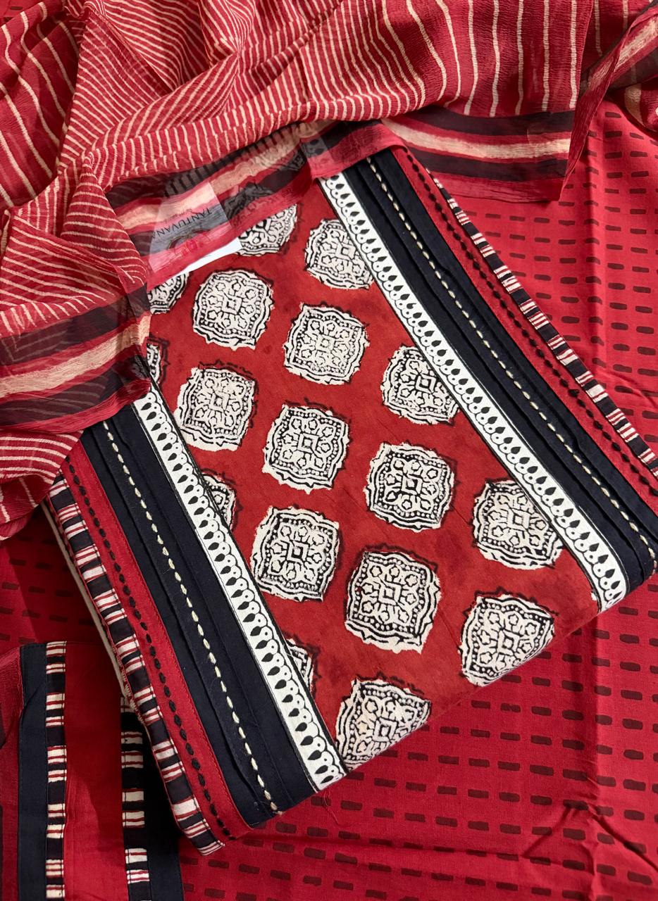 Black & Maroon Cotton 3-Pc Unstitched Suit Set with Kantha Embroidery