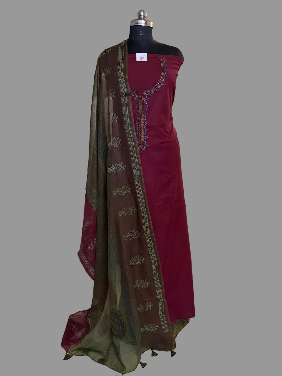 Maroon & Green 3-Piece Unstitched Suit | Cotton | Kota Doria Dupatta | Indian Handloom