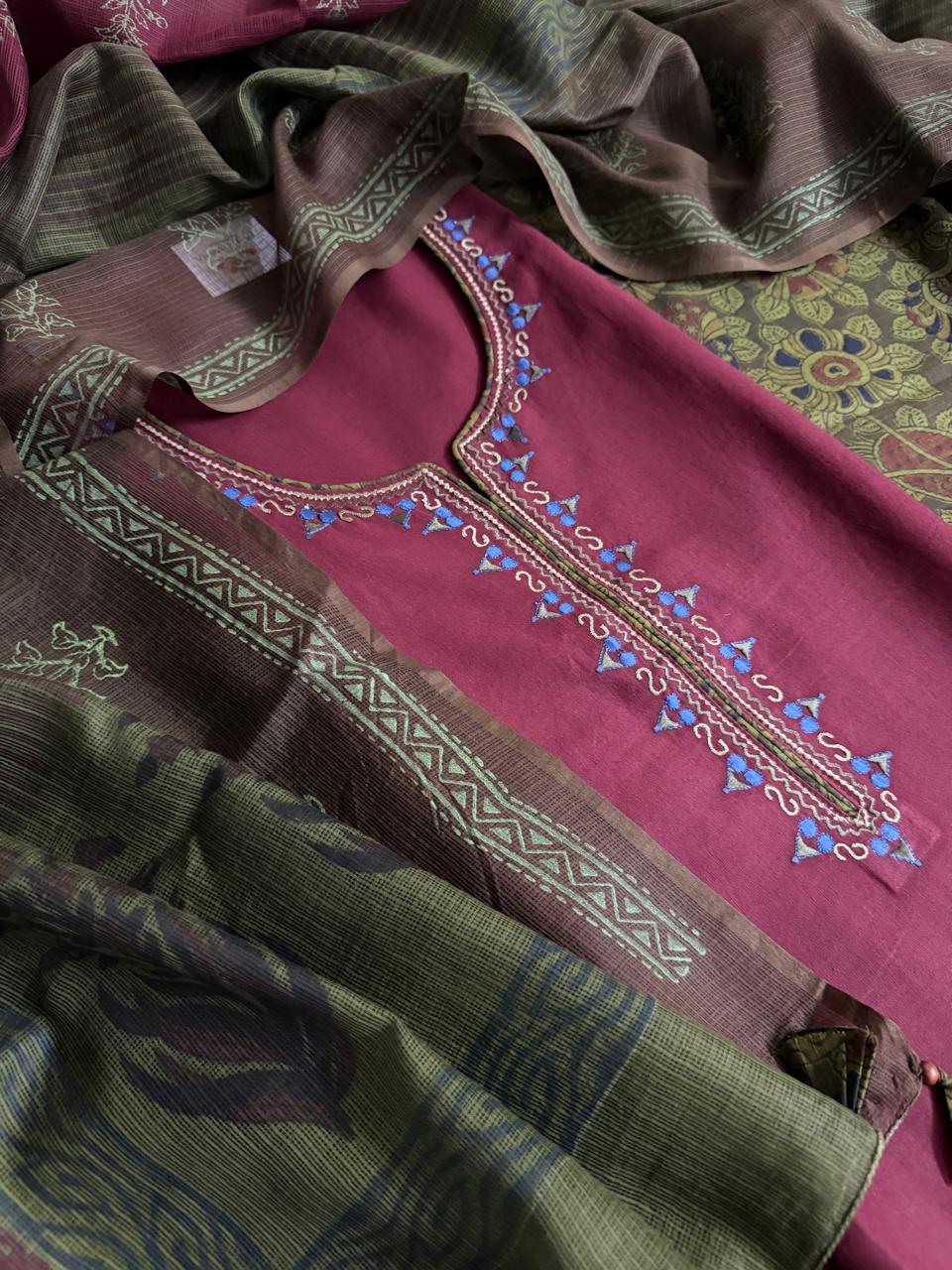 Maroon & Green 3-Piece Unstitched Suit | Cotton | Kota Doria Dupatta | Indian Handloom