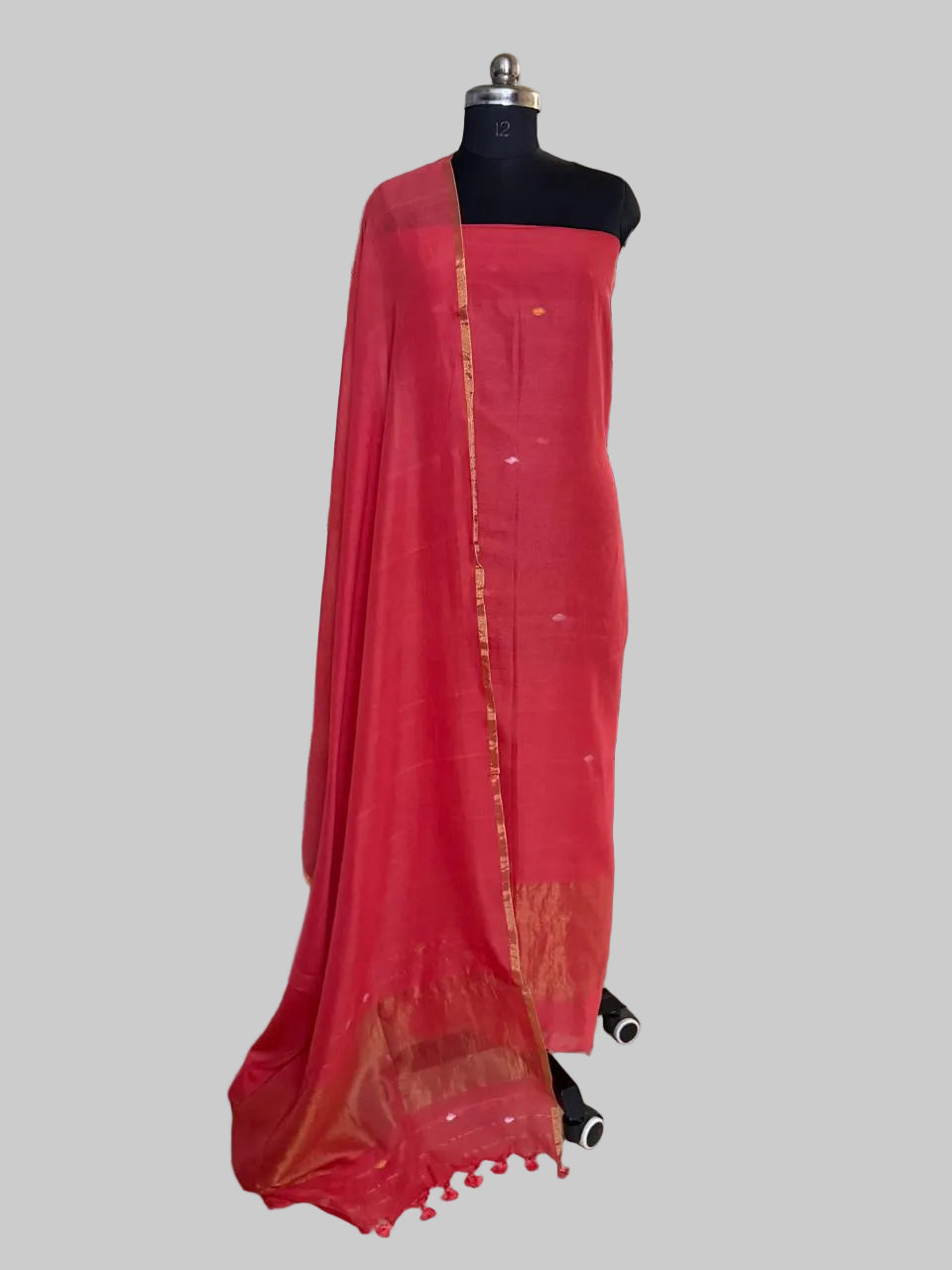Handwoven Bengal Cotton Suit Fabric | Coral Rust & Ganga-Jamuna Zari | 2-Pc Unstitched Set | Indian Handloom