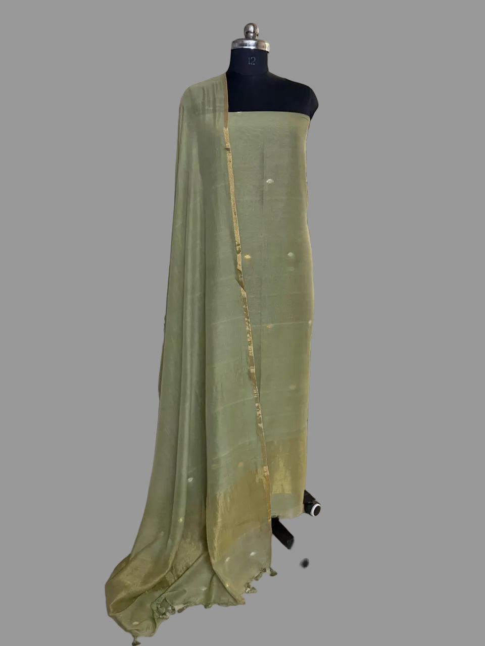 Handwoven Bengal Cotton Suit Fabric | Fern Green & Ganga-Jamuna Zari | 2-Pc Unstitched | Indian Handloom
