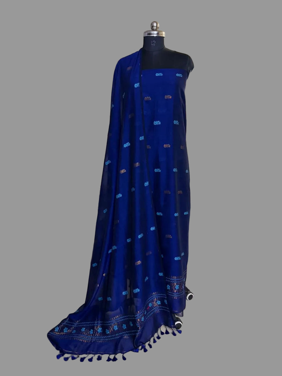 Handwoven Bengal Cotton Muslin Suit Fabric | Midnight Blue & Bronze Floral Bootis | 2-Pc Unstitched Set | Indian Handloom