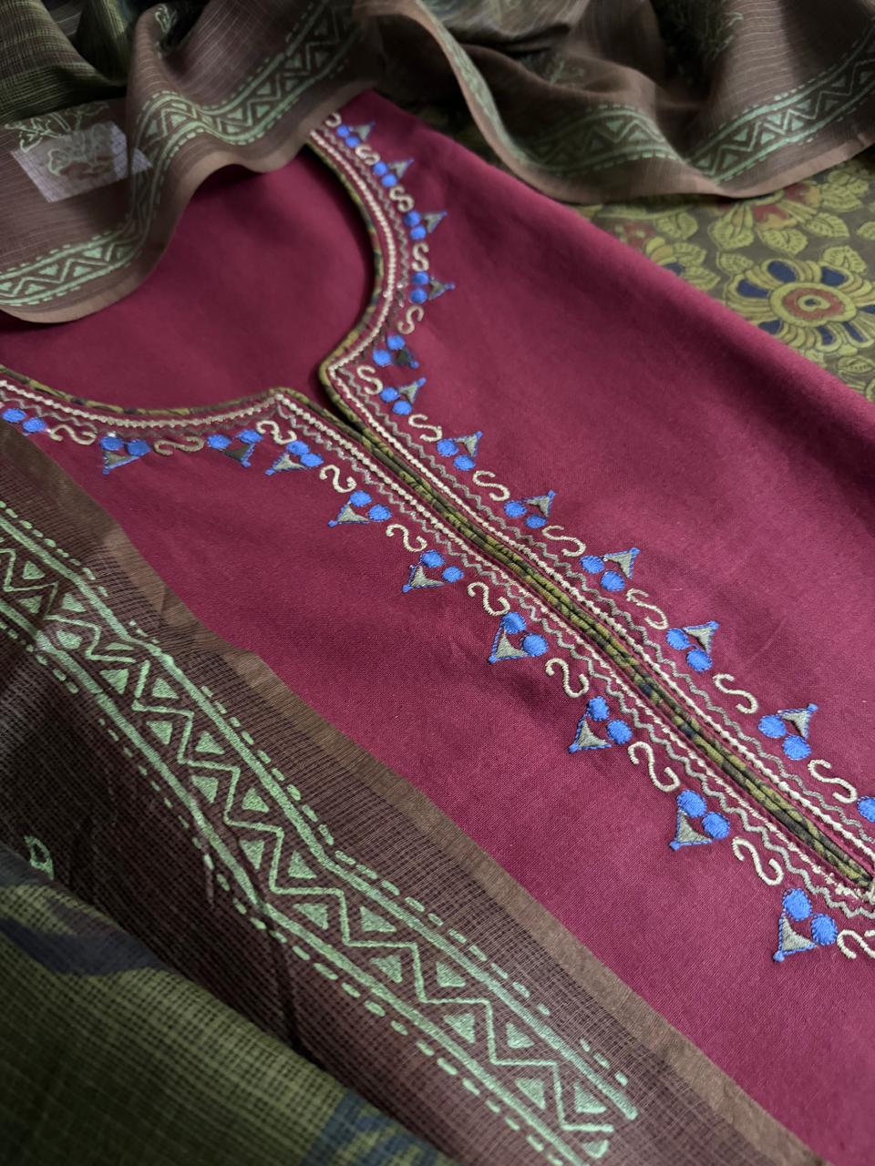 Maroon & Green 3-Piece Unstitched Suit | Cotton | Kota Doria Dupatta | Indian Handloom