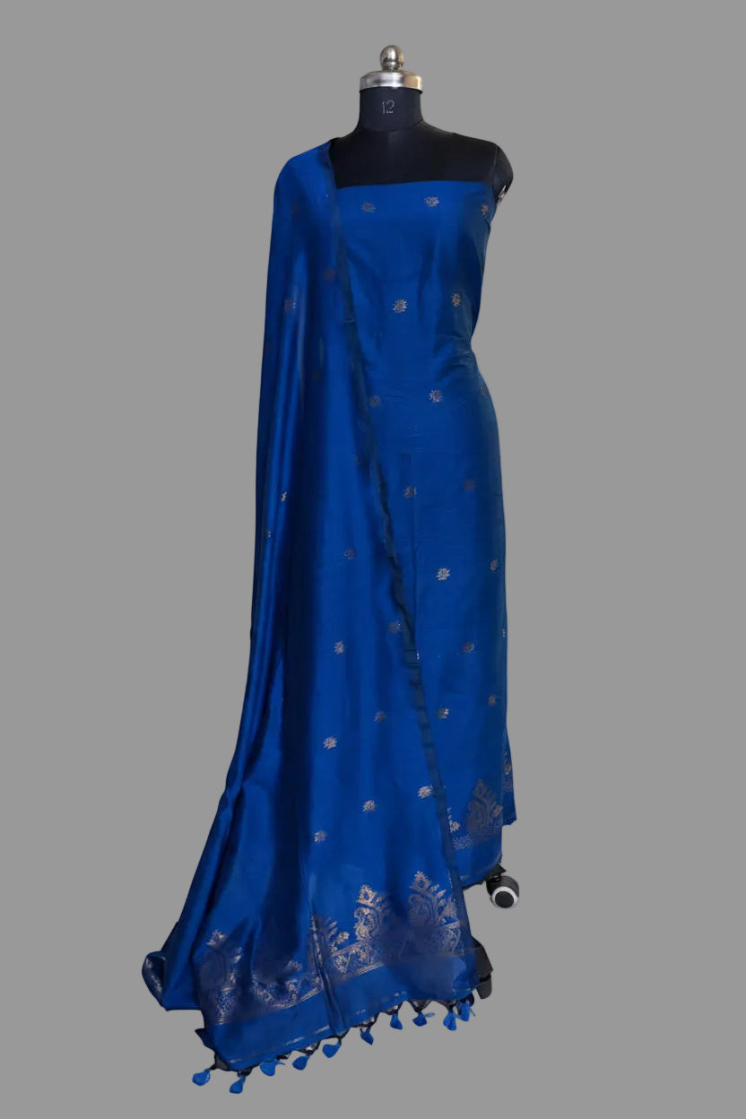 Handwoven Bengal Cotton Muslin Suit Fabric | Royal Blue & Gold Zari Bootis | 2-Pc Unstitched Set | Indian Handloom