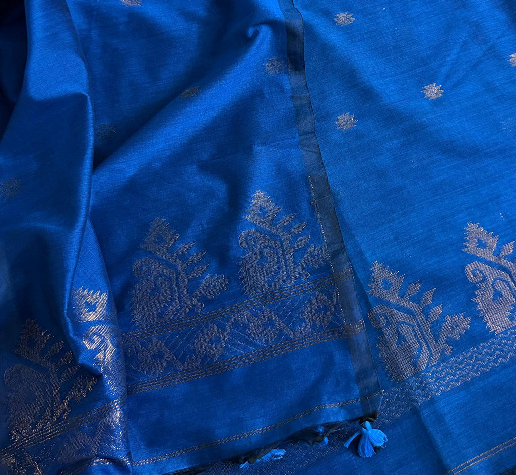 Handwoven Bengal Cotton Muslin Suit Fabric | Royal Blue & Gold Zari Bootis | 2-Pc Unstitched Set | Indian Handloom