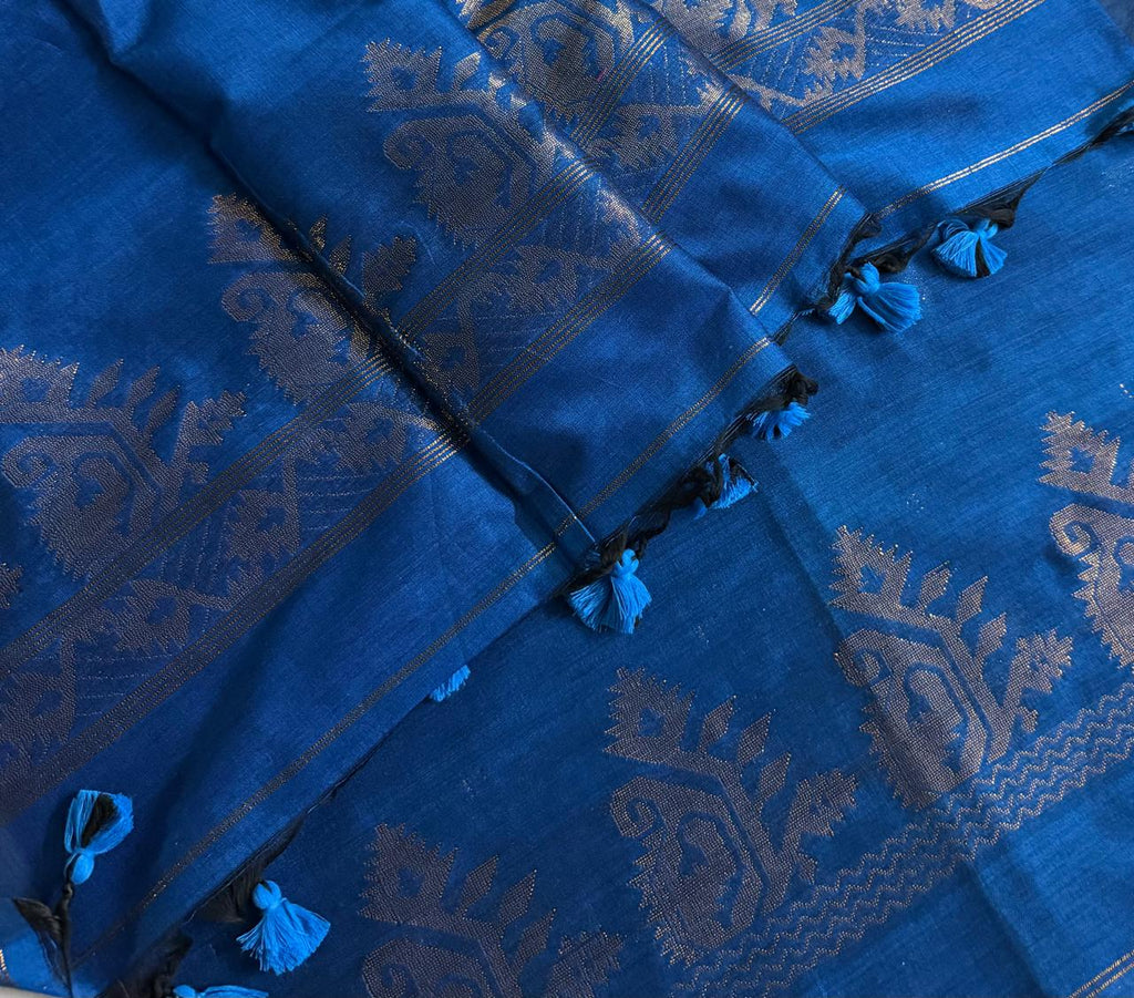 Handwoven Bengal Cotton Muslin Suit Fabric | Royal Blue & Gold Zari Bootis | 2-Pc Unstitched Set | Indian Handloom