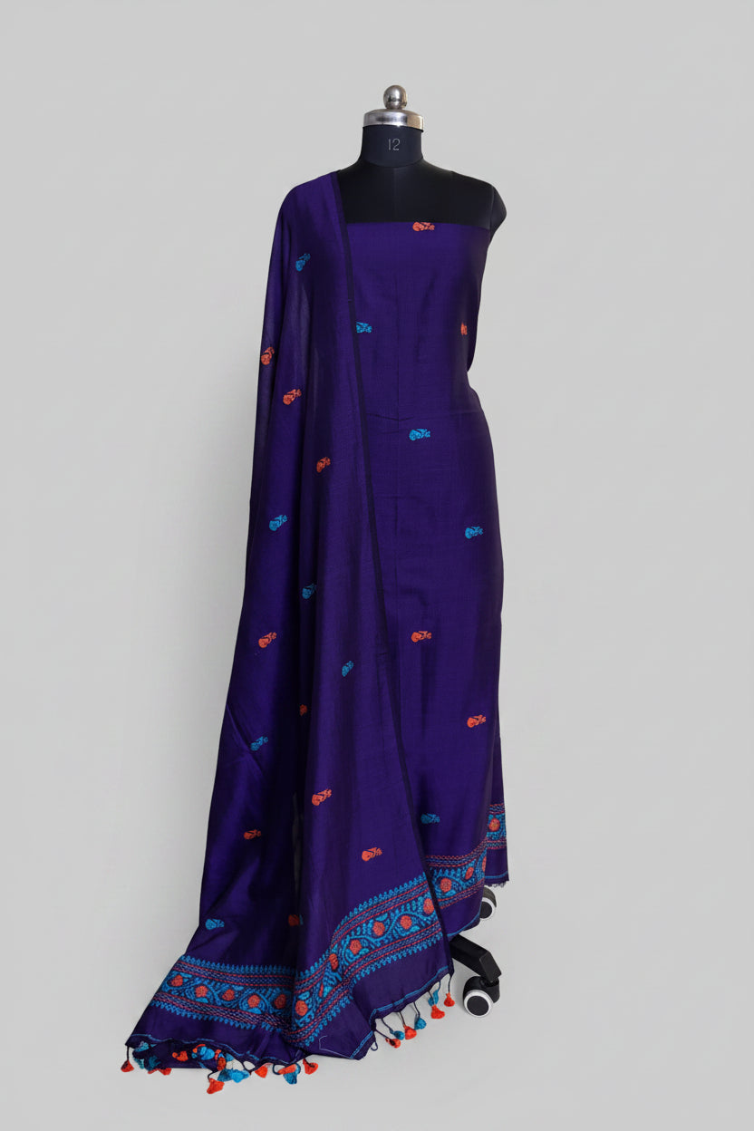 Handwoven Bengal Cotton Muslin Suit Fabric | Royal Purple & Orange Floral Bootis | 2-Pc Unstitched Set| Indian Handloom