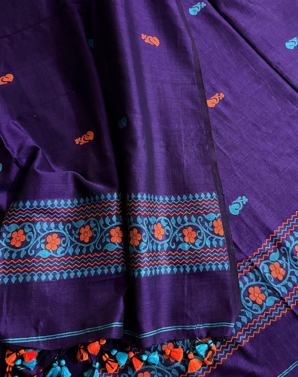 Handwoven Bengal Cotton Muslin Suit Fabric | Royal Purple & Orange Floral Bootis | 2-Pc Unstitched Set| Indian Handloom