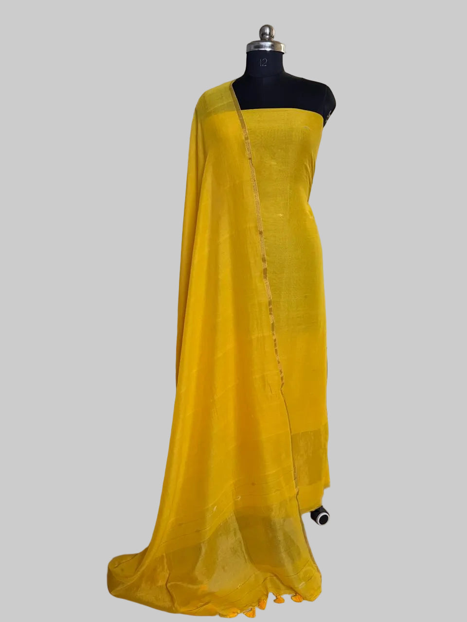 Handwoven Bengal Cotton Suit Fabric | Sunshine Yellow & Ganga-Jamuna Zari | 2-Pc Unstitched Set | Indian Handloom