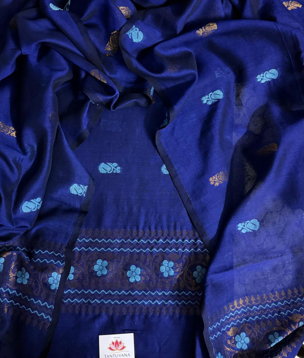 Handwoven Bengal Cotton Muslin Suit Fabric | Midnight Blue & Bronze Floral Bootis | 2-Pc Unstitched Set | Indian Handloom