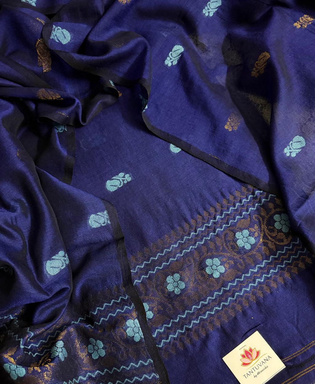 Handwoven Bengal Cotton Muslin Suit Fabric | Midnight Blue & Bronze Floral Bootis | 2-Pc Unstitched Set | Indian Handloom