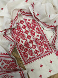 Cream Bengal cotton kurta fabric with red Sindhi hand embroidery in geometric Maltese cross pattern, styled with dupatta and bottom
