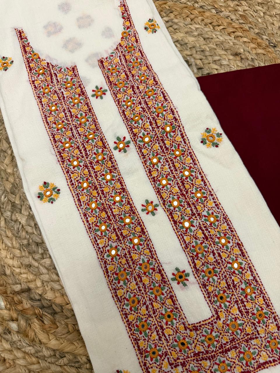 Kantha embroidery with real mirror work on cotton fabric – unstitched co-ord set front view