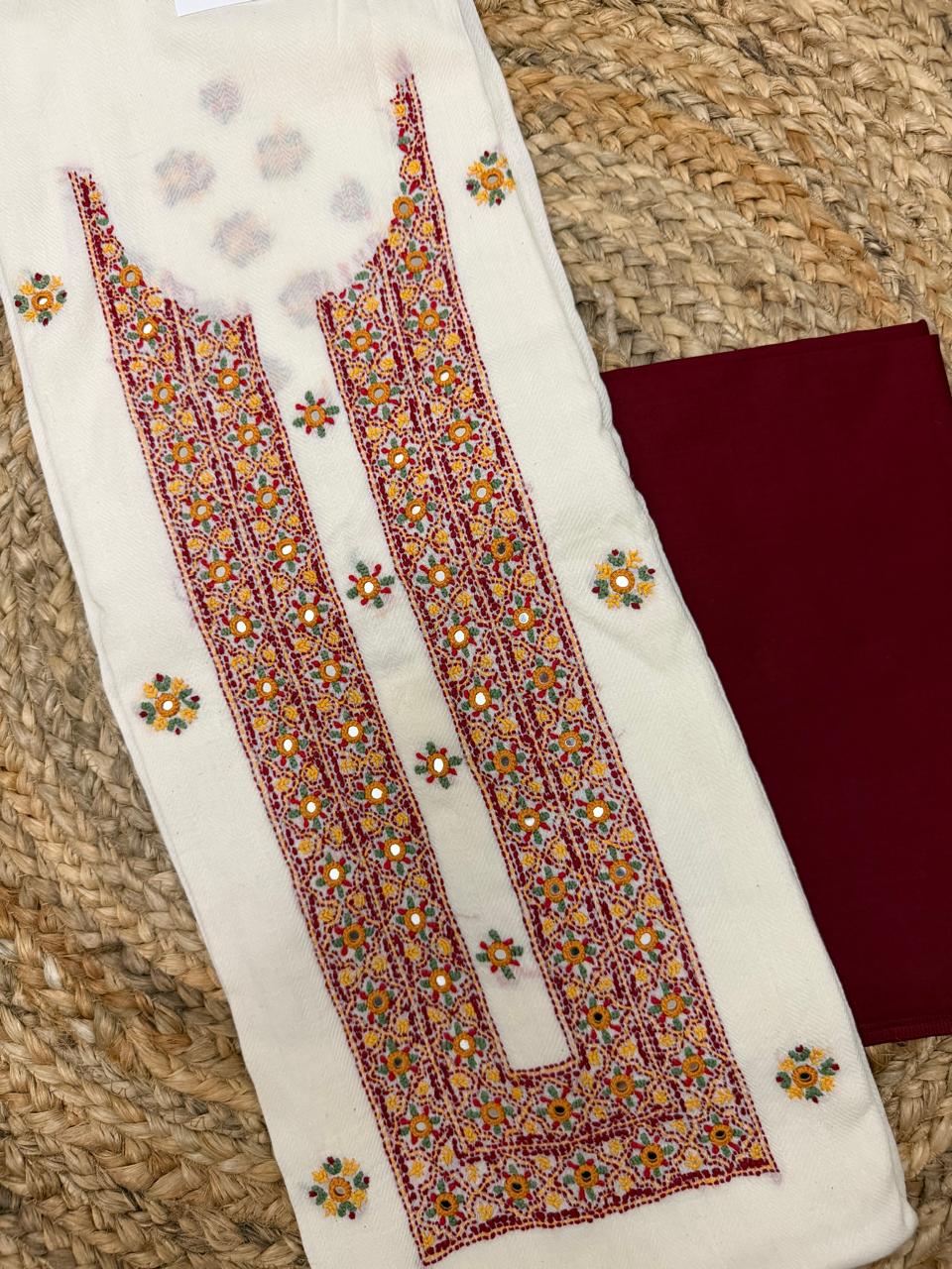 Kantha Hand-Embroidered Mirror Work 2-Piece Unstitched Co-ord Set | Cotton & Maroon Cotton Silk | Indian Handloom